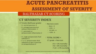 ACUTE PANCREATITIS
ASSESSMENT OF SEVERITY
BALTHAZAR CT SCORING
 