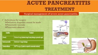 ACUTE PANCREATITIS
TREATMENT
ü Indications for surgery
Definitive diagnosis cannot be made
Pancreatic necrosis
Pancreatic abscess
Surgical management of severe acute pancreatitis.
 