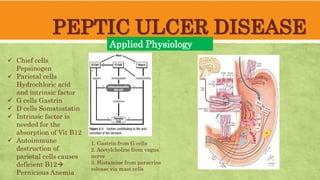 PEPTIC ULCER DISEASE
Applied Physiology
Chief cells
Pepsinogen
Parietal cells
Hydrochloric acid
and intrinsic factor
G cells Gastrin
D cells Somatostatin
Intrinsic factor is
needed for the
absorption of Vit B12
Autoimmune
destruction of
parietal cells causes
deficient B12
Pernicious Anemia
1. Gastrin from G cells
2. Acetylcholine from vagus
nerve
3. Histamine from paracrine
release via mast cells
 