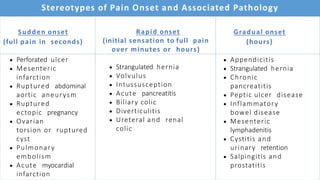 Stereotypes of Pain Onset and Associated Pathology
Sudden onset
(full pain in seconds)
 Perforated ulcer
 Mesenteric
infarction
 Ruptured abdominal
aortic aneurysm
 Ruptured
ectopic pregnancy
 Ovarian
torsion or ruptured
cyst
 Pulmonary
embolism
 Acute myocardial
infarction
Rapid onset
(initial sensation to full pain
over minutes or hours)
 Strangulated hernia
 Volvulus
 Intussusception
 Acute pancreatitis
 Biliary colic
 Diverticulitis
 Ureteral and renal
colic
Gradual onset
(hours)
 Appendicitis
 Strangulated hernia
 Chronic
pancreatitis
 Peptic ulcer disease
 Inflammatory
bowel disease
 Mesenteric
lymphadenitis
 Cystitis and
urinary retention
 Salpingitis and
prostatitis
 