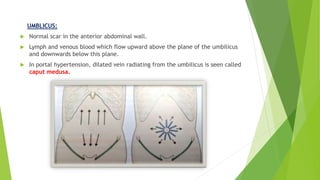 UMBLICUS:
 Normal scar in the anterior abdominal wall.
 Lymph and venous blood which flow upward above the plane of the umbilicus
and downwards below this plane.
 In portal hypertension, dilated vein radiating from the umbilicus is seen called
caput medusa.
 