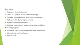 Functions:
 To support abdominal viscera
 To act as a synergic muscle for the diaphragm
 To fixate the thorax during head and arm movements.
 To fixate pelvis during leg movements
 Prevents loss of lumbar lordosis
 Assists in expulsive acts coughing defecation, childbirth
To reduce gas pain:
 Abdominal contraction followed by bulging the stomach
 Alternate hip and knee flexion
 Knee to chest
 