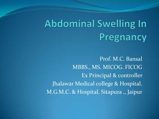 Prof. M.C. Bansal
         MBBS., MS. MICOG. FICOG
            Ex Principal & controller
 Jhalawar Medical college & Hospital.
M.G.M.C. & Hospital. Sitapura ., Jaipur
 
