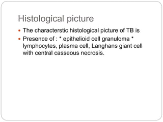 Histological picture
 The characterstic histological picture of TB is
 Presence of : * epithelioid cell granuloma *
lymphocytes, plasma cell, Langhans giant cell
with central casseous necrosis.
 