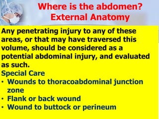 Thoracoabdominal area:
Transverse nipple line to costal
margin
Anterior abdomen: Costal
margin to groin crease to
anterior...