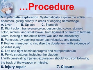 …Procedure.
5. Systematic exploration. Systematically explore the entire
abdomen, giving priority to areas of ongoing hemo...