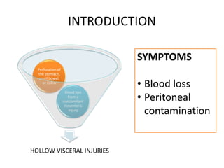 INTRODUCTION
HOLLOW VISCERAL INJURIES
Blood loss
from a
concomitant
mesenteric
injury
Perforation of
the stomach,
small bowel,
or colon
SYMPTOMS
• Blood loss
• Peritoneal
contamination
 