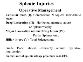 Splenic Injuries
          Operative Management
Capsular tears (I)- Compression & topical haemostatic
agent
Deep Laceration (II)- Horizontal mattress suture
                 or Splenorrhaphy
Major Laceration not involving hilum (IV)-
                    Partial Splenectomy
Hillar injury (V)–Total Splenectomy

Grade IV-V:      almost    invariably    require      operative
intervention
Success rate of Splenic salvage procedure is 40-60%
 