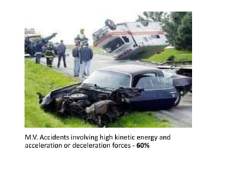 M.V. Accidents involving high kinetic energy and
acceleration or deceleration forces - 60%
 