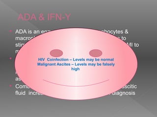 ADA & IFN-Υ
 ADA is an enzyme present in T lymphocytes &
macrophages, hence its level increase due to
stimulation of T lymphocytes in response to CMI to
mycobacterial antigens.
 IFN-Υ is produced by T cells to activate the
macrophages & increase their bactericidal activity.
High IFN-Υ levels have been found in tubercular
ascites
 Combining both ADA & IFN-Υ estimation in ascitic
fluid increase sensitivity & specificty of diagnosis
HIV Coinfection – Levels may be normal
Malignant Ascites – Levels may be falsely
high
HIV Coinfection – Levels may be normal
Malignant Ascites – Levels may be falsely
high
 