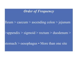 Order of Frequency
Ileum > caecum > ascending colon > jejunum
>appendix > sigmoid > rectum > duodenum >
stomach > oesophagus • More than one site
may be involved
 