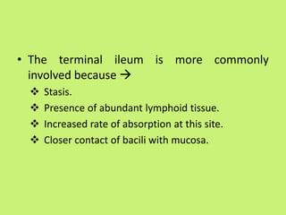 • The terminal ileum is more commonly
involved because 
 Stasis.
 Presence of abundant lymphoid tissue.
 Increased rate of absorption at this site.
 Closer contact of bacili with mucosa.
 