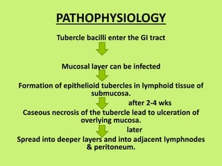 PATHOPHYSIOLOGY
Tubercle bacilli enter the GI tract
Mucosal layer can be infected
Formation of epithelioid tubercles in lymphoid tissue of
submucosa.
after 2-4 wks
Caseous necrosis of the tubercle lead to ulceration of
overlying mucosa.
later
Spread into deeper layers and into adjacent lymphnodes
& peritoneum.
 