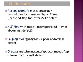  Rectus femoris musculofascial /
musculofasciocutaneous flap - Free/
( pedicled flap for lower 2/3rd defect)
 ALT flap with mesh – free/(pedicled – lower
abdominal defect)
 LD flap free/(pedicled – upper abdominal
defect)
 Gracilis muscle/musculofasciocutaneous flap
- lower third small defect
 