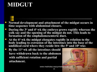 MIDGUT
 Normal development and attachment of the midgut occurs in
time sequence with abdominal closure.
 During the 3rd
and 4th
wk the embryo grows rapidly whereas the
yolk sac and the opening of the midgut do not. This leads to
formation of the omphalomesenteric duct.
 At the 6th
wk the midgut elongates rapidly in relation to the
body leading to extrusion of the intestines into the base of the
umbilical cord where they reside btw the 5th
and 10th
wks
 By the 11th
wk all the intestines should
have withdrawn back to the abdomen
with sufficient rotation and partial
attachment.
www.mednotez.eazzymedicine.co
m
 