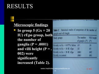 RESULTS
Microscopic findings
 In group 5 (Gx + 20
IU) rEpo group, both
the number of
ganglia (P = .0001)
and villi height (P = .
002) were
significantly
increased (Table 2).
www.mednotez.eazzymedicine.co
m
 