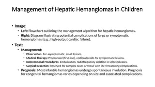 Management of Hepatic Hemangiomas in Children
• Image:
• Left: Flowchart outlining the management algorithm for hepatic hemangiomas.
• Right: Diagram illustrating potential complications of large or symptomatic
hemangiomas (e.g., high-output cardiac failure).
• Text:
• Management:
• Observation: For asymptomatic, small lesions.
• Medical Therapy: Propranolol (first-line), corticosteroids for symptomatic lesions.
• Interventional Procedures: Embolization, radiofrequency ablation in selected cases.
• Surgical Resection: Reserved for complex cases or those with life-threatening complications.
• Prognosis: Most infantile hemangiomas undergo spontaneous involution. Prognosis
for congenital hemangiomas varies depending on size and associated complications.
 