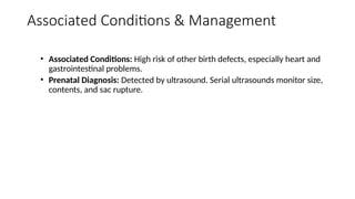 Associated Conditions & Management
• Associated Conditions: High risk of other birth defects, especially heart and
gastrointestinal problems.
• Prenatal Diagnosis: Detected by ultrasound. Serial ultrasounds monitor size,
contents, and sac rupture.
 