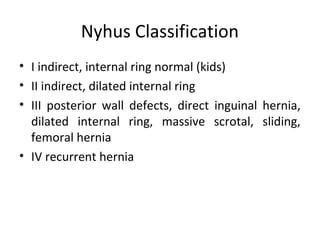 Nyhus Classification
• I indirect, internal ring normal (kids)
• II indirect, dilated internal ring
• III posterior wall defects, direct inguinal hernia,
dilated internal ring, massive scrotal, sliding,
femoral hernia
• IV recurrent hernia
 