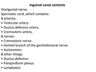 Inguinal canal contents
Ilioinguinal nerve.
Spermatic cord, which contains:
3 arteries:
• Testicular artery.
• Ductus deferens artery.
• Cremasteric artery.
3 nerves:
• Cremasteric nerve.
• Genital branch of the genitofemoral nerve.
• Autonomics
3 other things:
• Ductus deferens
• Pampiniform plexus
• Lymphatics
 