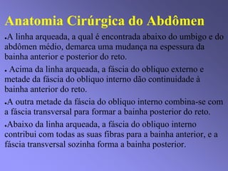 Anatomia Cirúrgica do Abdômen
●A linha arqueada, a qual é encontrada abaixo do umbigo e do
abdômen médio, demarca uma mudança na espessura da
bainha anterior e posterior do reto.
● Acima da linha arqueada, a fáscia do obliquo externo e
metade da fáscia do obliquo interno dão continuidade à
bainha anterior do reto.
●A outra metade da fáscia do obliquo interno combina-se com
a fáscia transversal para formar a bainha posterior do reto.
●Abaixo da linha arqueada, a fáscia do obliquo interno
contribui com todas as suas fibras para a bainha anterior, e a
fáscia transversal sozinha forma a bainha posterior.
 