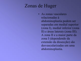 Zonas de Huger
• As zonas vasculares
relacionadas à
abdominoplastia podem ser
separadas em medial superior
(zona I), medial inferior (zona
II) e áreas laterais (zona III).
A zona II e a maior parte da
zona I (dependendo da
extensão da dissecção) são
desvascularizadas em uma
abdominoplastia.
 