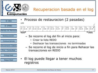 Recuperacion basada en el log

     El DBA         • Proceso de restauracion (2 pasadas)
    El SMBD

Manejo de Memoria


  Restauración        – Se recorre el log del fin al inicio para:
  Concurrencia
                         • Crear la lista REDO
                         • Deshacer las transacciones no terminadas
Diccionario Datos
                      – Se recorre el log de inicio a fin para Rehacer las
 Proc. Consultas        transacciones en REDO
   Integridad

   Seguridad        • El log puede llegar a tener muchos
                      registros

     Marzo 2012               Administración de Base de Datos           17
 