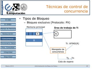 Planificación de transacciones

     El DBA         • Algoritmo para hacer el grafo de
                      precedencia
    El SMBD
                      a) Cada vez que Ti ejecute UPDATE(Q) antes de
Manejo de Memoria
                         que Tj ejecute FIND(Q) crear un arco de Ti a
  Restauración           Tj (Ti Tj).
                      b) Cada vez que Ti ejecute UPDATE(Q) después
 Concurrencia
 Concurrencia
                         de que Tj ejecute FIND(Q) crear un arco de Tj
Diccionario Datos        a Ti (Tj Ti).
 Proc. Consultas      c) Cada vez que Ti ejecute UPDATE(Q) antes de
                         que Tj ejecute UPDATE(Q) crear un arco de Ti
   Integridad
                         a Tj, (Ti Tj).
   Seguridad




     Marzo 2012              Administración de Base de Datos        20
 