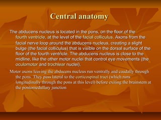 Central anatomyCentral anatomy
The abducens nucleus is located in the pons, on the floor of theThe abducens nucleus is located in the pons, on the floor of the
fourth ventriclefourth ventricle, at the level of the, at the level of the facialfacial colliculuscolliculus. Axons from the. Axons from the
facial nerve loop around the abducens nucleus, creating a slightfacial nerve loop around the abducens nucleus, creating a slight
bulge (the facial colliculus) that is visible on the dorsal surface of thebulge (the facial colliculus) that is visible on the dorsal surface of the
floor of the fourth ventricle. The abducens nucleus is close to thefloor of the fourth ventricle. The abducens nucleus is close to the
midline, like the other motor nuclei that control eye movements (themidline, like the other motor nuclei that control eye movements (the
oculomotoroculomotor andand trochleartrochlear nuclei).nuclei).
Motor axons leaving the abducens nucleus run ventrally and caudally throughMotor axons leaving the abducens nucleus run ventrally and caudally through
the pons. They pass lateral to thethe pons. They pass lateral to the corticospinalcorticospinal tracttract (which runs(which runs
longitudinally through the pons at this level) before exiting the brainstem atlongitudinally through the pons at this level) before exiting the brainstem at
the pontomedullary junctionthe pontomedullary junction
 