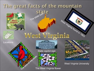 The bird of the state West Virginia found in 1863 The state bear The West Virginia flower Locations West Virginia University State capitol sign 