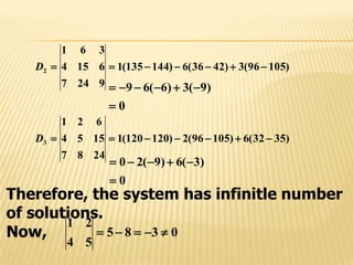 )10596(3)4236(6)144135(1
9247
6154
361
2 D
0
)9(3)6(69


)3532(6)10596(2)120120(1
2487
1554
621
3 D
0
)3(6)9(20


Therefore, the system has infinitle number
of solutions.
Now, 0385
54
21

 