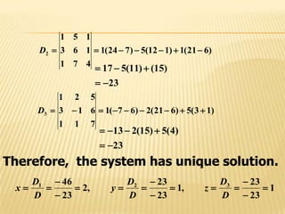 )621(1)112(5)724(1
471
163
151
2 D
23
)15()11(517


)13(5)621(2)67(1
711
613
521
3 D
23
)4(5)15(213


Therefore, the system has unique solution.
1
23
23
,1
23
23
,2
23
46 321










D
D
z
D
D
y
D
D
x
 