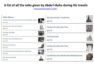 A list of all the talks given by Abdu’l-Baha during His travels
                      http://centenary.bahai.us/talks
 