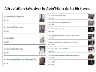 A list of all the talks given by Abdu’l-Baha during His travels
 