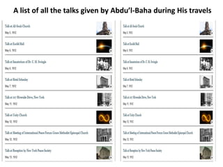 A list of all the talks given by Abdu’l-Baha during His travels
 
