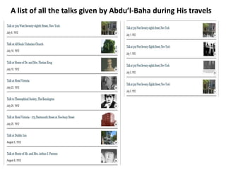 A list of all the talks given by Abdu’l-Baha during His travels
 