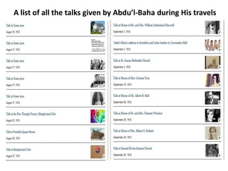 A list of all the talks given by Abdu’l-Baha during His travels
 