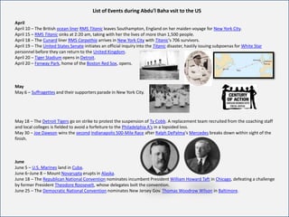 List of Events during Abdu’l Baha vsit to the US

April
April 10 – The British ocean liner RMS Titanic leaves Southampton, England on her maiden voyage for New York City.
April 15 – RMS Titanic sinks at 2:20 am, taking with her the lives of more than 1,500 people.
April 18 – The Cunard liner RMS Carpathia arrives in New York City with Titanic's 706 survivors.
April 19 – The United States Senate initiates an official inquiry into the Titanic disaster, hastily issuing subpoenas for White Star
personnel before they can return to the United Kingdom.
April 20 – Tiger Stadium opens in Detroit.
April 20 – Fenway Park, home of the Boston Red Sox, opens.



May
May 6 – Suffragettes and their supporters parade in New York City.




May 18 – The Detroit Tigers go on strike to protest the suspension of Ty Cobb. A replacement team recruited from the coaching staff
and local colleges is fielded to avoid a forfeiture to the Philadelphia A's in a lopsided loss.
May 30 – Joe Dawson wins the second Indianapolis 500-Mile Race after Ralph DePalma's Mercedes breaks down within sight of the
finish.



June
June 5 – U.S. Marines land in Cuba.
June 6–June 8 – Mount Novarupta erupts in Alaska.
June 18 – The Republican National Convention nominates incumbent President William Howard Taft in Chicago, defeating a challenge
by former President Theodore Roosevelt, whose delegates bolt the convention.
June 25 – The Democratic National Convention nominates New Jersey Gov. Thomas Woodrow Wilson in Baltimore.
 