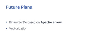 • Binary SerDe based on Apache arrow
• Vectorization
Future Plans
 