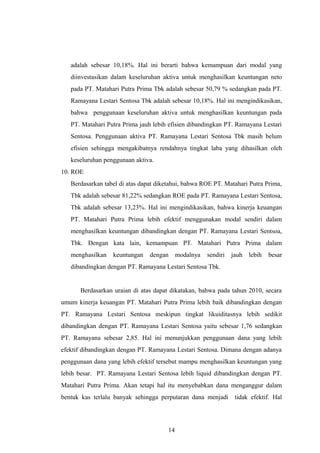 adalah sebesar 10,18%. Hal ini berarti bahwa kemampuan dari modal yang
diinvestasikan dalam keseluruhan aktiva untuk menghasilkan keuntungan neto
pada PT. Matahari Putra Prima Tbk adalah sebesar 50,79 % sedangkan pada PT.
Ramayana Lestari Sentosa Tbk adalah sebesar 10,18%. Hal ini mengindikasikan,
bahwa penggunaan keseluruhan aktiva untuk menghasilkan keuntungan pada
PT. Matahari Putra Prima jauh lebih efisien dibandingkan PT. Ramayana Lestari
Sentosa. Penggunaan aktiva PT. Ramayana Lestari Sentosa Tbk masih belum
efisien sehingga mengakibatnya rendahnya tingkat laba yang dihasilkan oleh
keseluruhan penggunaan aktiva.
10. ROE
Berdasarkan tabel di atas dapat diketahui, bahwa ROE PT. Matahari Putra Prima,
Tbk adalah sebesar 81,22% sedangkan ROE pada PT. Ramayana Lestari Sentosa,
Tbk adalah sebesar 13,23%. Hal ini mengindikasikan, bahwa kinerja keuangan
PT. Matahari Putra Prima lebih efektif menggunakan modal sendiri dalam
menghasilkan keuntungan dibandingkan dengan PT. Ramayana Lestari Sentsoa,
Tbk. Dengan kata lain, kemampuan PT. Matahari Putra Prima dalam
menghasilkan keuntungan dengan modalnya sendiri jauh lebih besar
dibandingkan dengan PT. Ramayana Lestari Sentosa Tbk.
Berdasarkan uraian di atas dapat dikatakan, bahwa pada tahun 2010, secara
umum kinerja keuangan PT. Matahari Putra Prima lebih baik dibandingkan dengan
PT. Ramayana Lestari Sentosa meskipun tingkat likuiditasnya lebih sedikit
dibandingkan dengan PT. Ramayana Lestari Sentosa yaitu sebesar 1,76 sedangkan
PT. Ramayana sebesar 2,85. Hal ini menunjukkan penggunaan dana yang lebih
efektif dibandingkan dengan PT. Ramayana Lestari Sentosa. Dimana dengan adanya
penggunaan dana yang lebih efektif tersebut mampu menghasilkan keuntungan yang
lebih besar. PT. Ramayana Lestari Sentosa lebih liquid dibandingkan dengan PT.
Matahari Putra Prima. Akan tetapi hal itu menyebabkan dana menganggur dalam
bentuk kas terlalu banyak sehingga perputaran dana menjadi tidak efektif. Hal
14
 