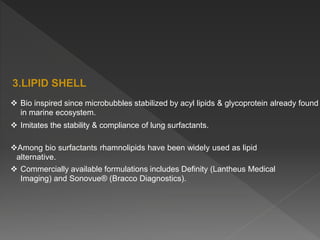 3.LIPID SHELL
 Bio inspired since microbubbles stabilized by acyl lipids & glycoprotein already found
in marine ecosystem.
 Imitates the stability & compliance of lung surfactants.
Among bio surfactants rhamnolipids have been widely used as lipid
alternative.
 Commercially available formulations includes Definity (Lantheus Medical
Imaging) and Sonovue® (Bracco Diagnostics).
 