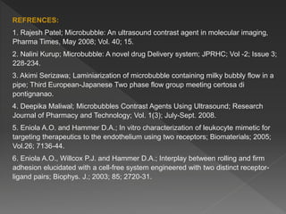 REFRENCES:
1. Rajesh Patel; Microbubble: An ultrasound contrast agent in molecular imaging,
Pharma Times, May 2008; Vol. 40; 15.
2. Nalini Kurup; Microbubble: A novel drug Delivery system; JPRHC; Vol -2; Issue 3;
228-234.
3. Akimi Serizawa; Laminiarization of microbubble containing milky bubbly flow in a
pipe; Third European-Japanese Two phase flow group meeting certosa di
pontignanao.
4. Deepika Maliwal; Microbubbles Contrast Agents Using Ultrasound; Research
Journal of Pharmacy and Technology; Vol. 1(3); July-Sept. 2008.
5. Eniola A.O. and Hammer D.A.; In vitro characterization of leukocyte mimetic for
targeting therapeutics to the endothelium using two receptors; Biomaterials; 2005;
Vol.26; 7136-44.
6. Eniola A.O., Willcox P.J. and Hammer D.A.; Interplay between rolling and firm
adhesion elucidated with a cell-free system engineered with two distinct receptor-
ligand pairs; Biophys. J.; 2003; 85; 2720-31.
 