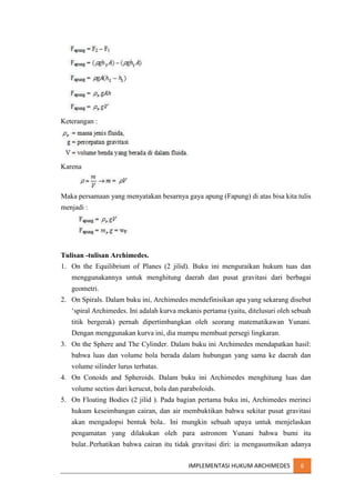Keterangan :

Karena

Maka persamaan yang menyatakan besarnya gaya apung (Fapung) di atas bisa kita tulis
menjadi :

Tulisan -tulisan Archimedes.
1. On the Equilibrium of Planes (2 jilid). Buku ini menguraikan hukum tuas dan
menggunakannya untuk menghitung daerah dan pusat gravitasi dari berbagai
geometri.
2. On Spirals. Dalam buku ini, Archimedes mendefinisikan apa yang sekarang disebut
‘spiral Archimedes. Ini adalah kurva mekanis pertama (yaitu, ditelusuri oleh sebuah
titik bergerak) pernah dipertimbangkan oleh seorang matematikawan Yunani.
Dengan menggunakan kurva ini, dia mampu membuat persegi lingkaran.
3. On the Sphere and The Cylinder. Dalam buku ini Archimedes mendapatkan hasil:
bahwa luas dan volume bola berada dalam hubungan yang sama ke daerah dan
volume silinder lurus terbatas.
4. On Conoids and Spheroids. Dalam buku ini Archimedes menghitung luas dan
volume sectios dari kerucut, bola dan paraboloids.
5. On Floating Bodies (2 jilid ). Pada bagian pertama buku ini, Archimedes merinci
hukum keseimbangan cairan, dan air membuktikan bahwa sekitar pusat gravitasi
akan mengadopsi bentuk bola.. Ini mungkin sebuah upaya untuk menjelaskan
pengamatan yang dilakukan oleh para astronom Yunani bahwa bumi itu
bulat..Perhatikan bahwa cairan itu tidak gravitasi diri: ia mengasumsikan adanya
IMPLEMENTASI HUKUM ARCHIMEDES

6

 
