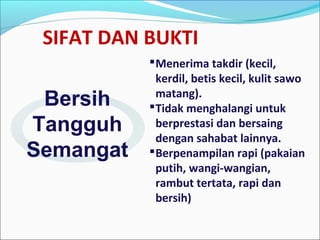 SIFAT DAN BUKTI
Bersih
Tangguh
Semangat
Menerima takdir (kecil,
kerdil, betis kecil, kulit sawo
matang).
Tidak menghalangi untuk
berprestasi dan bersaing
dengan sahabat lainnya.
Berpenampilan rapi (pakaian
putih, wangi-wangian,
rambut tertata, rapi dan
bersih)
 