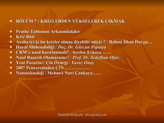BÖLÜM 7 : KRİZLERDEN YÜKSELEREK ÇIKMAK Pembe Tablonun Arkasındakiler   Kriz Bitti   Acaba iyi ki bu krizler olmuş diyebilir miyiz ? / Rahmi İlhan Duygu… Hayal Mühendisliği /  Doç. Dr. Gürcan Papatya   CRM’e nasıl hazırlanmalı? / Serdar Erkoca …… Nasıl Başarılı Olamazsınız! /  Prof. Dr. Sedefhan Oğuz   Yeni Pazarlar: Çin Örneği /  Yavuz Onay   2007 Penceresinden ÇİN……………… Nanoteknoloji / Mehmet Nuri Çankaya…… 