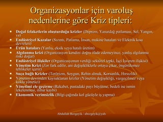 Organizasyonlar için varoluş nedenlerine göre Kriz tipleri:   Doğal felaketlerin oluşturduğu krizler  (Deprem, Yanardağ patlaması, Sel, Yangın, vs)  Endüstriyel Kazalar  (Sızıntı, Patlama, İnsan, makine hataları ve Elektrik kısa devreleri)  Ürün hataları  (Yanlış, eksik veya hatalı üretim)  Algılanma krizi  (Organizasyon kendini doğru ifade edemeyince, yanlış algılanma riski doğar)  Endüstriyel ilişkiler  (Organizasyonun verdiği sektörel tepki, İşçi İşveren ilişkisi)  Yönetim Krizi  (Zor fark edilir, ani değişikliklerle ortaya çıkar, öngörülemez tehlikeler içerir)  Suça bağlı Krizler  (Terörizm, Soygun, Rehin almak, Korsanlık, Hırsızlık)  Yönetim devrinden kaynaklanan krizler (Yönetim değişikliği, vazgeçilmez veya kukla yönetici)  Yönetimi ele geçirme  (Rekabet, pastadaki payı büyütme, bedeli ise ismin lekelenmesi, itibar kaybı)  Ekonomik verimsizlik  (Bilgi çağında kol gücüyle iş yapma)  