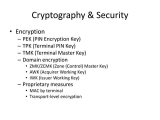 Cryptography & Security
• Encryption
  –   PEK (PIN Encryption Key)
  –   TPK (Terminal PIN Key)
  –   TMK (Terminal Master Key)
  –   Domain encryption
       • ZMK/ZCMK (Zone (Control) Master Key)
       • AWK (Acquirer Working Key)
       • IWK (Issuer Working Key)
  – Proprietary measures
       • MAC by terminal
       • Transport-level encryption
 
