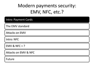 Modern payments security:
             EMV, NFC, etc.?
Intro: Payment Cards

The EMV standard

Attacks on EMV

Intro: NFC

EMV & NFC = ?

Attacks on EMV & NFC

Future
 