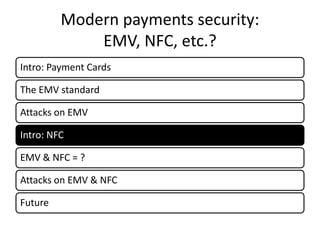 Modern payments security:
             EMV, NFC, etc.?
Intro: Payment Cards

The EMV standard

Attacks on EMV

Intro: NFC

EMV & NFC = ?

Attacks on EMV & NFC

Future
 