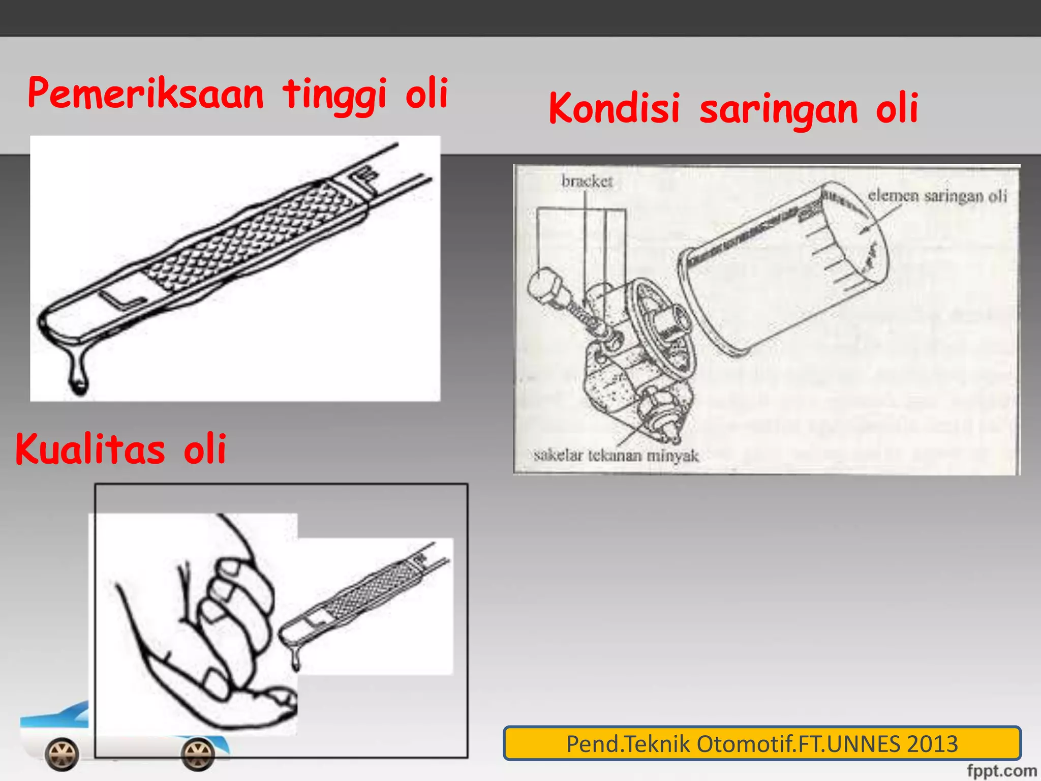 Pemeriksaan tinggi oli 
Kualitas oli 
Kondisi saringan oli 
Pend.Teknik Otomotif.FT.UNNES 2013 
 
